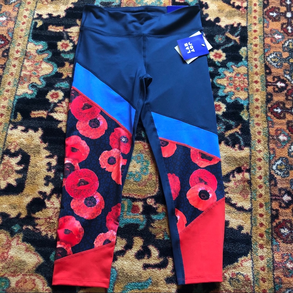 Women's Black Red Floral Colorblock Leggings